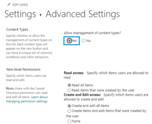 Enabling the use of content types in the advanced settings of the SharePoint Online list.