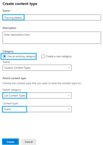 Creating the content type in SharePoint Online.
