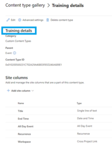 Details of the content type in SharePoint Online.